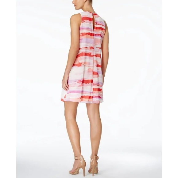 Calvin Klein Shift Dress Print Red Pink Purple Lined Sleeveless Keyhole - Picture 2 of 5